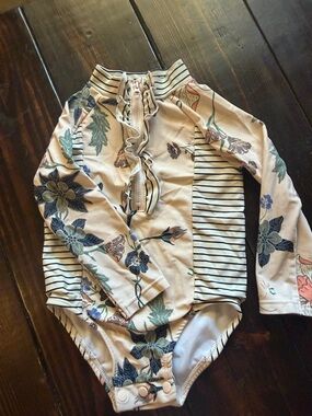 Jessica Simpson Cream Floral & Navy Stripe Long Sleeve One-Piece Swimsuit